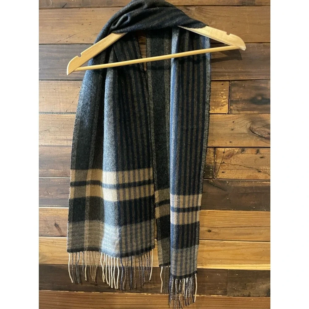 100% Cashmere Club Room‎ Plaid Scarf Black Brown Tan Fringed Soft Warm Luxury